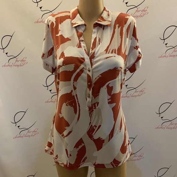 New York & Company Stretch. Sz M. Jersey. Short Tab Sleeves. 1/2 Placket. B81. - Picture 1 of 7